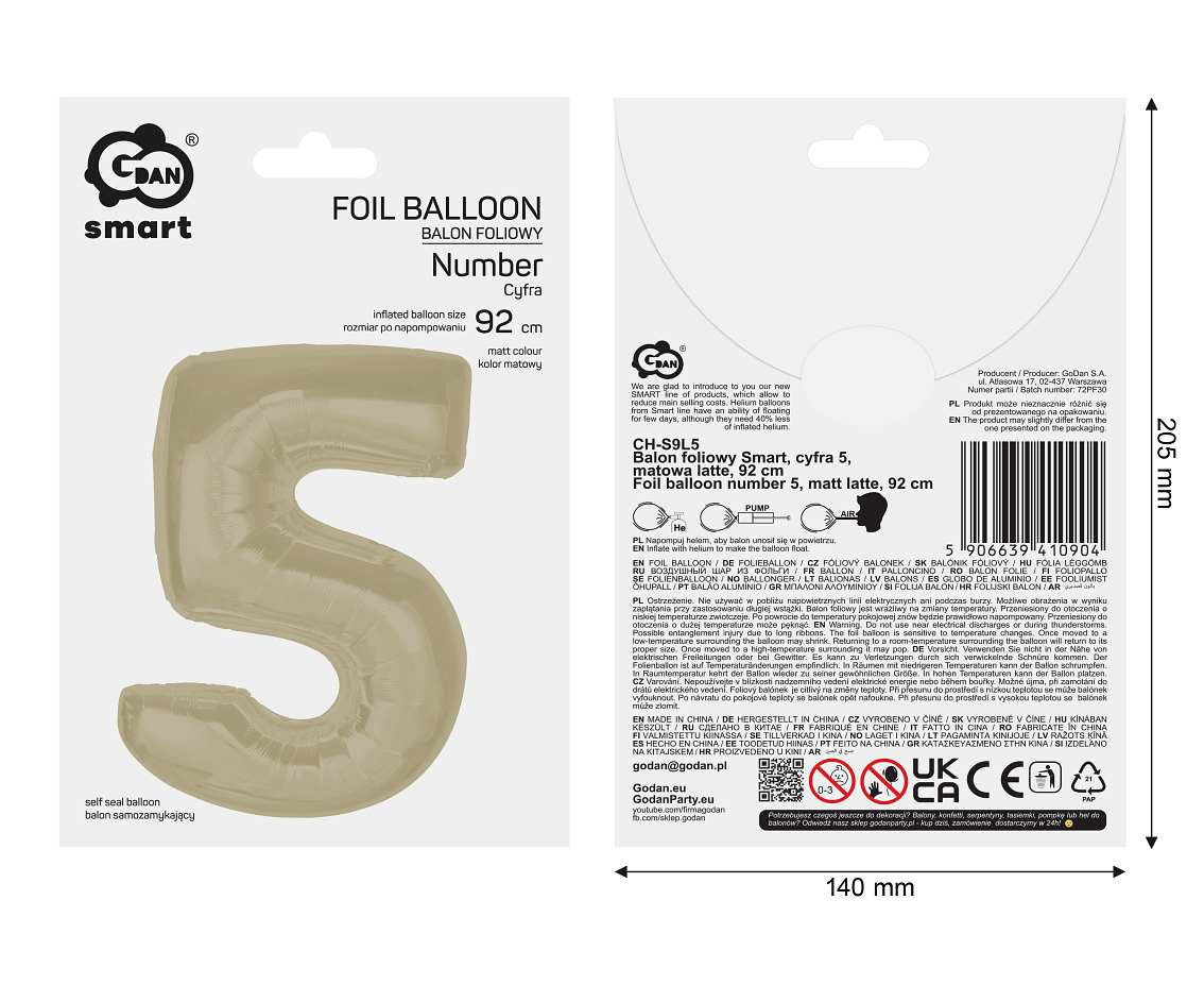 Foil balloon number 5, matt latte, 92 cm EOL